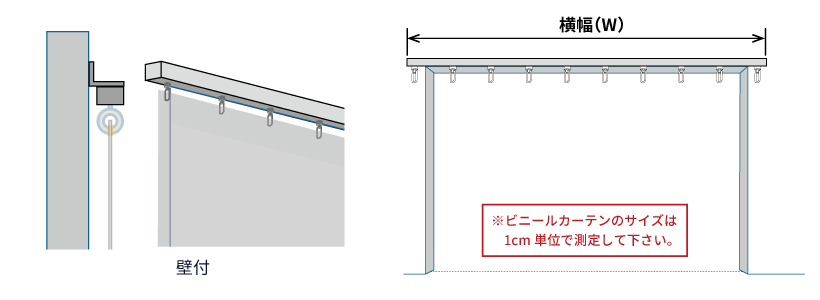 壁付けカーテン横幅採寸のイラスト図。